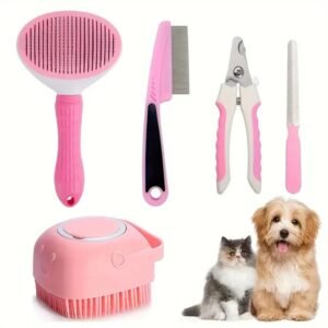 SUPER 1 Set (4pcs) Pet Grooming Kit, Dog Hair Remover Comb, Flea Comb, Shampoo Brush, Nail Clippers (PACK OF 4) MULTICOLOR