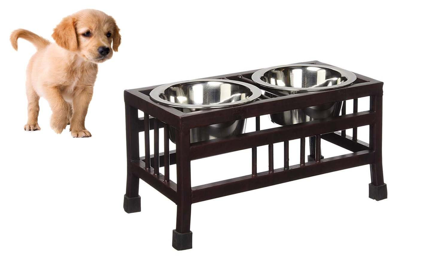 Woofy Pets Double Elevated Feeding And Watering Stand Bowls | Stainless Steel Bowl Non-Slip Iron Stand For Puppies And Small Dogs (Small - 350Ml X 2 Bowl), 29.5 Cm, 14 Cm, 12.5 Cm