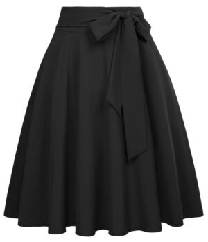 FRAULEIN Women’s Flared Pleated Maxi Skirt High Waist A-Line with Pockets and Belt Accessories
