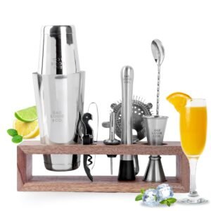 Bab Louie & Co. Bar & Cocktail Set, Ultimate BarKit with Wooden Stand, Cocktail Shaker Set for Drink, Set of 10 Stainless Steel & Anti Rust Bar Accessories with Stylish Bar Stand, Gifts for Bartender