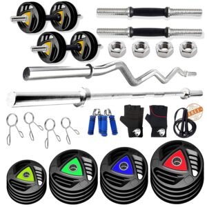 BULLAR Professional Adjustable Rubber Coated 10kg to 100kg Home Gym Set with 5 ft Straight, 3 ft EZ Curl Rod, Metal Rubber Weight Plates (28mm Hole) (30KG HOME GYM SET), Multicolor