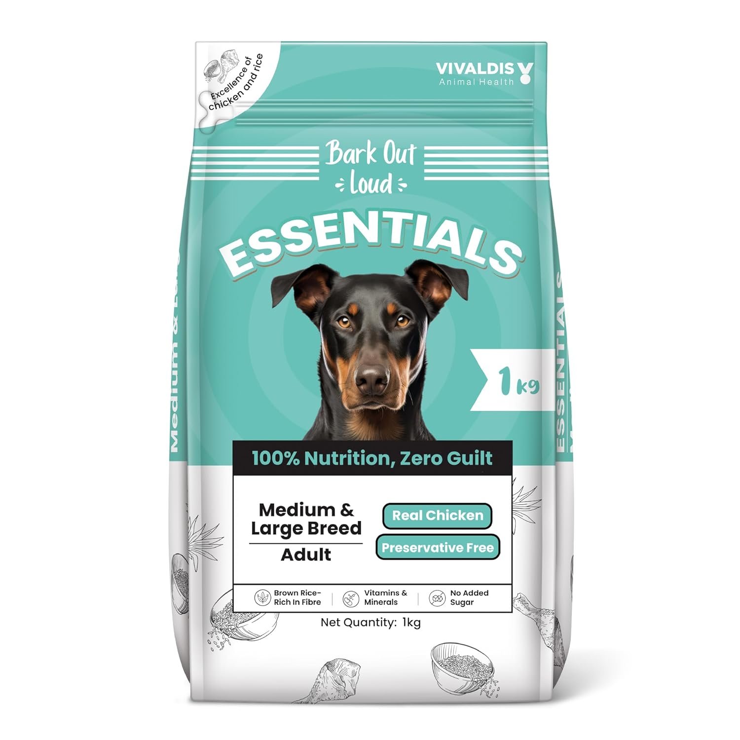 BARK OUT LOUD,Vivaldis - Essentials Dog Food Medium/Large Breed | Real Chicken & Egg | Gluten Free Prebiotics, Fish Oil for Immunity | Adult Dry Dog Food for Labrador Retiever Husky - 1Kg