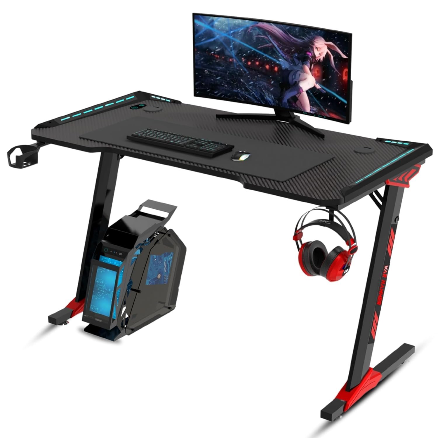 WAR HAMMER Kratos Rgb Gaming Desk, Computer Desk With Carbon Fiber Surface, Z Shaped Gaming Table, Pc Gaming, Workstation, Home Office Desk With Cup Holder And Headphone Holder, Matte, Black