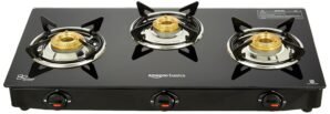 Amazon Basics 3 Burner LPG Gas Stove with Toughened Glass-top | Tri-pin Brass Burners with spill-proof and easy-clean design | Ergonomic Knobs, Anti-skid legs (Black)