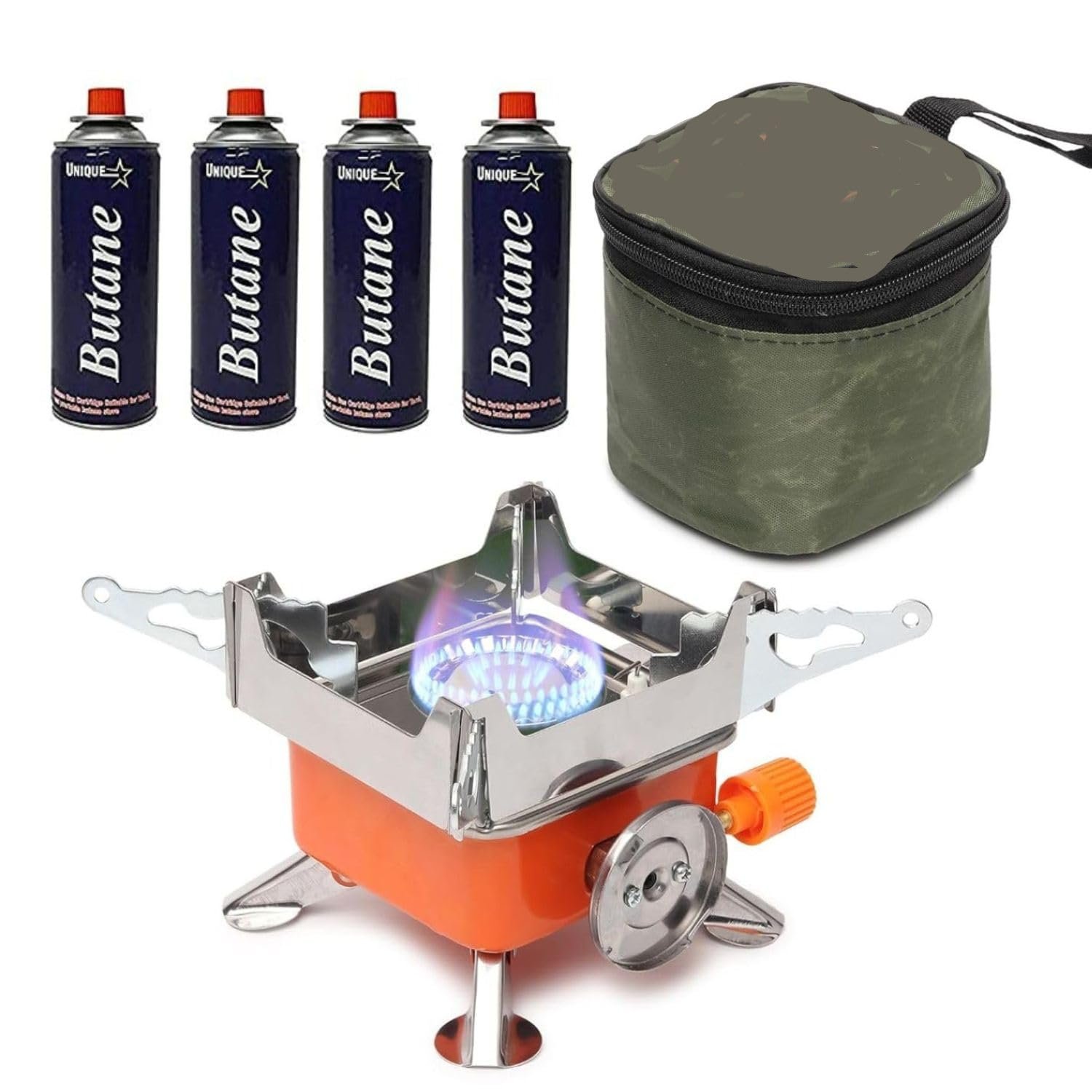 R.O.H.C. Portable Gas Stove � Square Butane Burner for Camping, Hiking & Outdoor Cooking | Stainless Steel Folding Furnace with Storage Bag & 4 Gas Canister | Lightweight & Compact for Backpacking