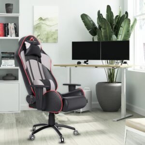 ASE GAMING Gold Series Ergonomic Gaming Chair Premium PU Leather, Adjustable Neck & Lumbar Pillow, 180 Degree Recline with Black Metal Base with 3 Years Warranty (Grey)