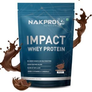 NAKPRO Impact Whey Protein 1kg | Isolate & Concentrate | 24g Protein & 4.9g BCAA | With Digestive Enzymes for better Absorption | NABL Lab Tested 100% Authentic Supplement Powder – Chocolate Flavour