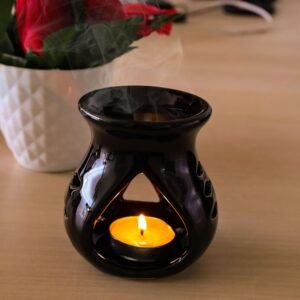 Pure Source India Ceramic Clay Candle Operated Aroma Burner (Black; 9 Cm)