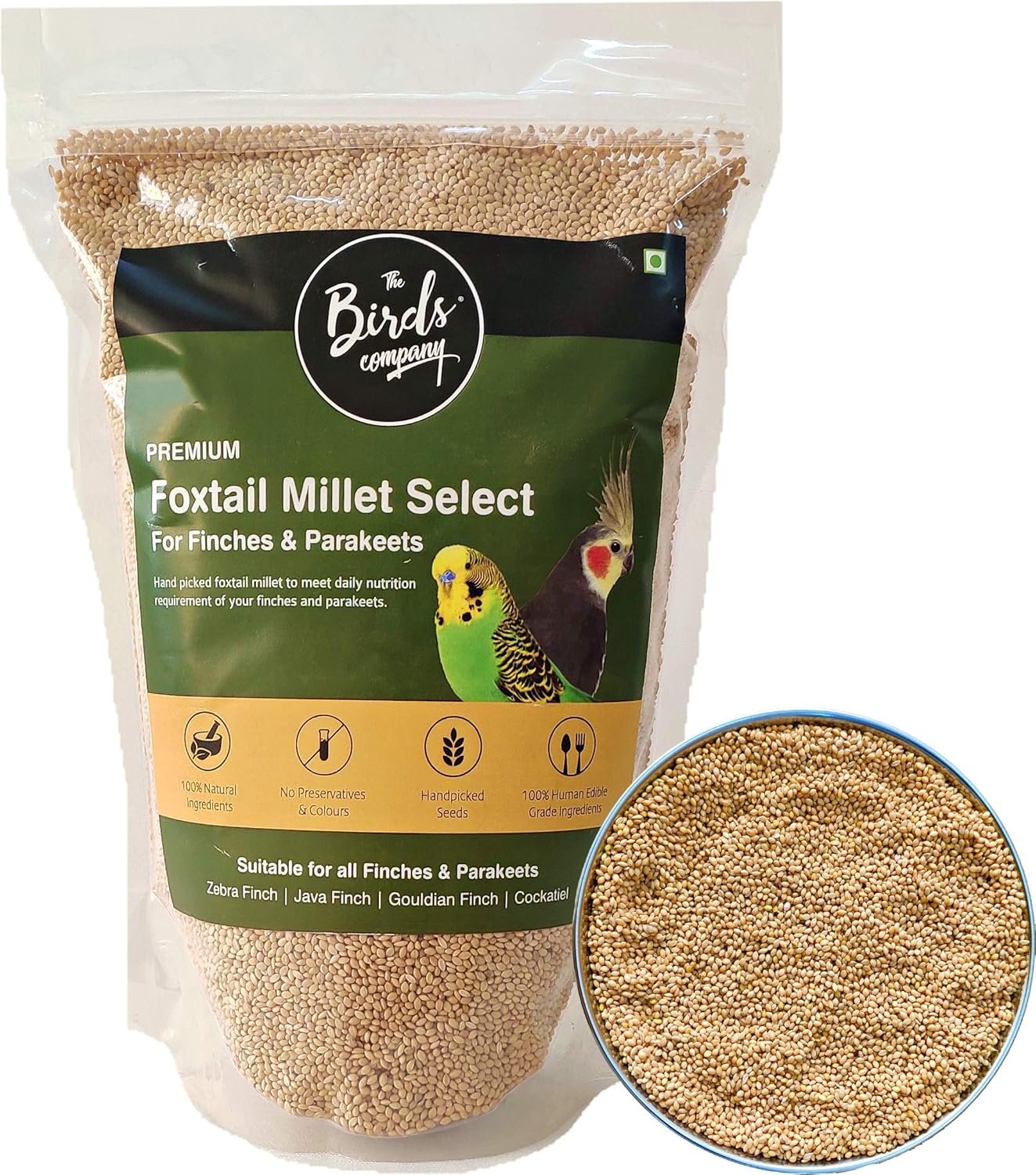 The Birds Company Foxtail Millet (Kangni), Bird Food for All Life Stages Canary, Finches, Waxbills, Budgies, Lovebirds, Cockatiels, Parrots & Parakeets, 450 g