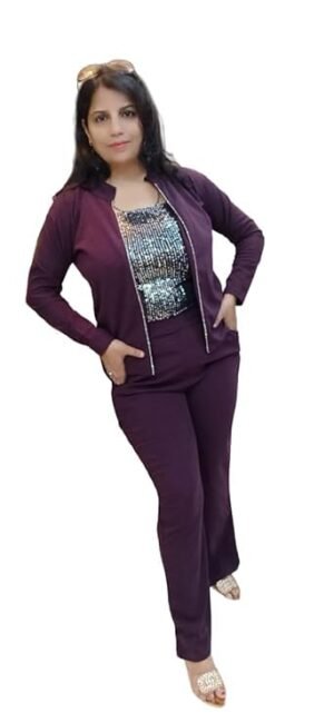 Rebba Women’s Free Size 3 Piece Sets Outfit Tracksuit Crop Top Blazer Jacket and Wide Leg Long Pants Romper Suits, SequinTop for women and Girl’s party wear dress