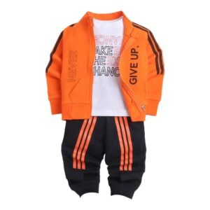 Hopscotch Baby Boys Cotton Text Print T-shirt, Jacket and Jogger Set in Orange Color