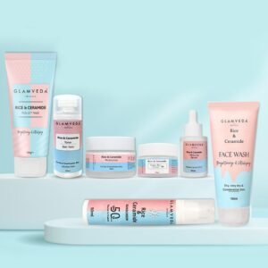 Glamveda Korean Rice & Ceramide 7 Step Weekly Skincare Routine For Women with Gift Box | Face wash, Peel Off Mask, Toner, Serum, Under eye cream, Moisturizer & Sunscreen