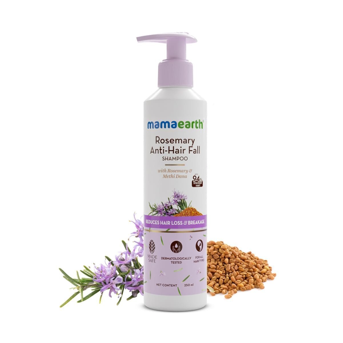 Mamaearth Rosemary Anti Hair Fall Shampoo with Rosemary & Methi Dana for Reducing Hair Loss & Breakage- 250 ml | Up to 94% Stronger Hair* | Up to 93% Less Hair Fall | For Men and Women