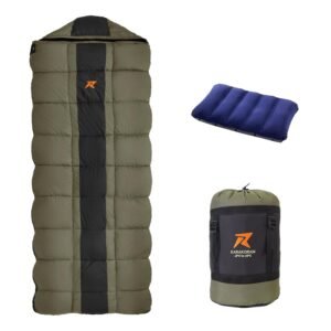 Rocksport Karakoram -5°C to +5°C Sleeping Bag with Reliance Hollow Fibre for Camping, Hiking, Indoor & Outdoor l Free Air Pillow & Adventure Pass(Military Green STR)