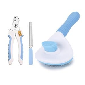 Foodie Puppies Pet Grooming and Cleaning Slicker Brush and Nail Cutter with Filer for Dogs and Cats – (Nail Clipper + Oval Push Slicker) | Gentle Trimmer, Self Clean Brush, Shedding, and Lockable Tool