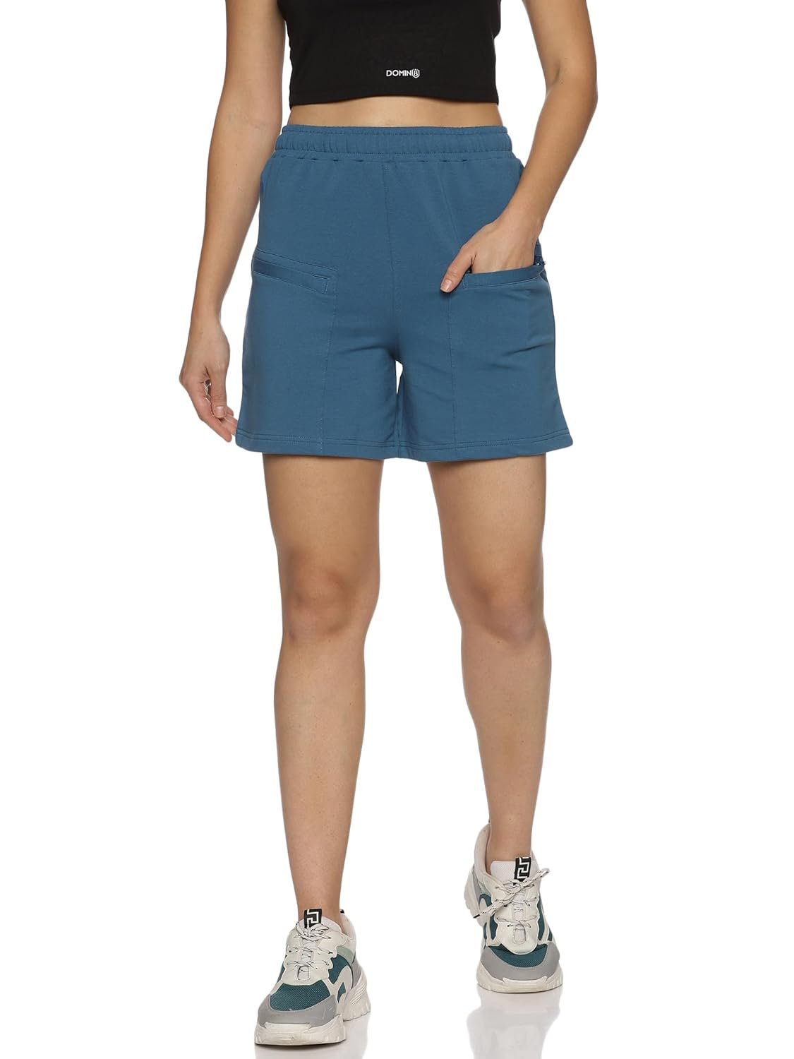DOMIN8 Women's Solid Training Shorts with Elasticated Drawstring Waist & Zipper Pockets | Relaxed Fit Regular Shorts for Women | Sports Gym Workout Running Shorts for Women