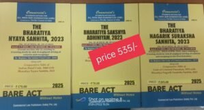 Commercial Law Publishers India Pvt. Ltd. BARE ACT Books, The Bharatiya Nyaya Sanhita 2023, The Bharatiya Sakshya Adhiniyan 2023, The Bharatiya Nagarik Suraksha Sanhita 2023, Price ₹535/-