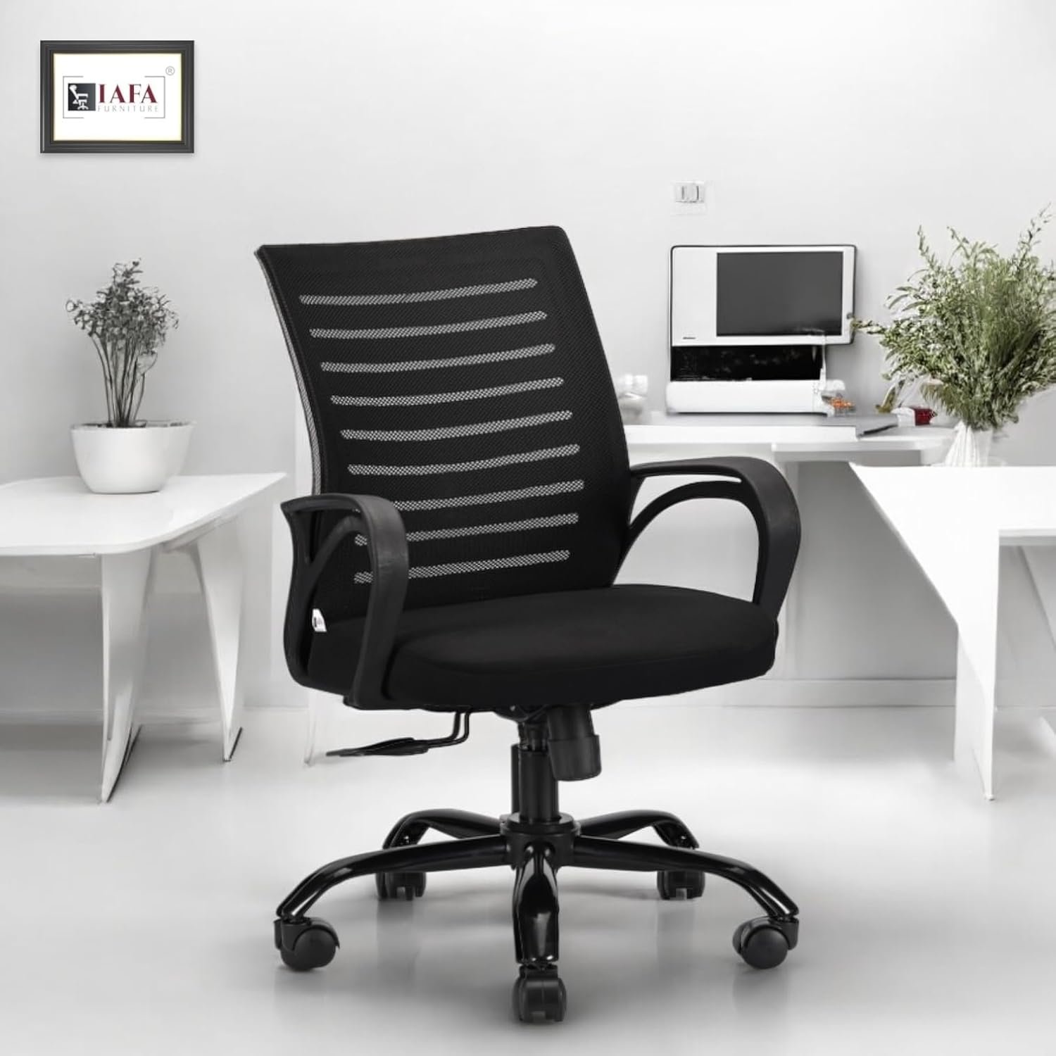 IAFA FURNITURE Diego Office Chair with Height Adjustable Mechanism, Ergonomic Mid-Back Mesh Design |Heavy Duty Metal Base | Multi-Adjustment Revolving Chair (Black) (Self Assembly)