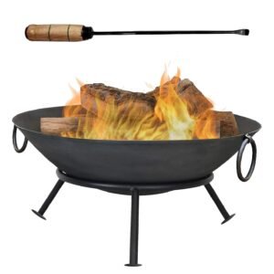 VISMAY’s Iron Fire Bowl with Smooth Edges Wooden Handle Fire Poker and Round Stand Garden BBQ Burning Bowl Outdoor Fire Pit Wood Burner Charcoal Bonfire Chimney for Camping Heating and Cooking
