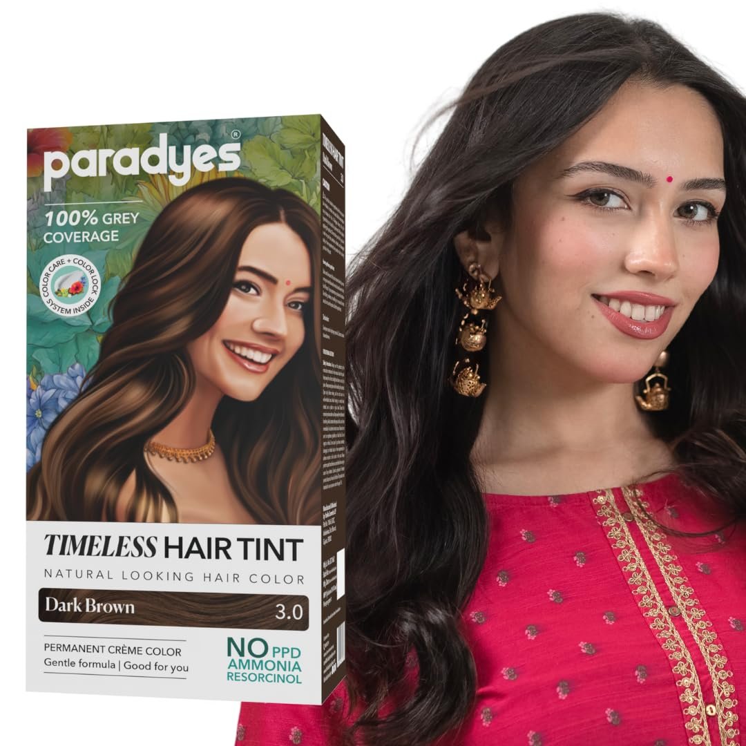 Paradyes Dark Brown Timeless Hair Tint, Permanent Crème Hair Colour for Natural-Looking Results, Complete Grey Coverage, Long-Lasting Formula Free from PPD, Ammonia, & Resorcinol, 3.0 Dark Brown