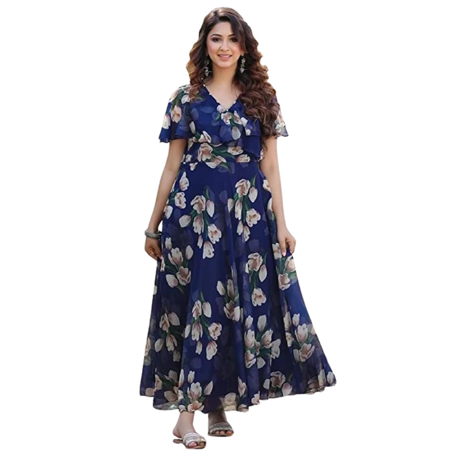 Fashion2wear Women's Georgette Casual Floral Digital Print Half Sleeve Knee Length Fit & Flare Long Maxi Gown Dress (Flower_Gown)