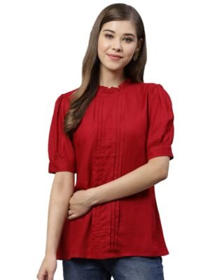Yash Gallery Women’s Rayon Dobby Solid Straight Half Puff Sleeve High Neck Casual Regular Fit Top