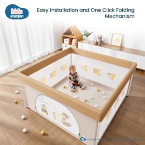 Kids Station Foldable Baby Playard Playpen – Thick Padding & 360° Mesh Visibility – Play Gate Fence for Toddlers – Storage Pocket and Foldable Baby Activity Playard with Printed Mesh – Travel Friendly – Baby Indoor/Outdoor Play Area – 5ftx5ft or 150x150cm (Orange)