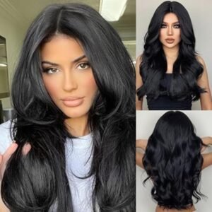 BLUSHIA Women Full Head Long Synthetic 24 Inch/Hair Wig/Natural Looking/Artificial Hair Stylish Wig for Women (Black)