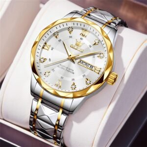 OLEVS Watches for Men Diamond Date Day Calendar Black Wrist Watches Quartz Analog Business Stainless Steel Two Tone Waterproof Luminous Men Watch