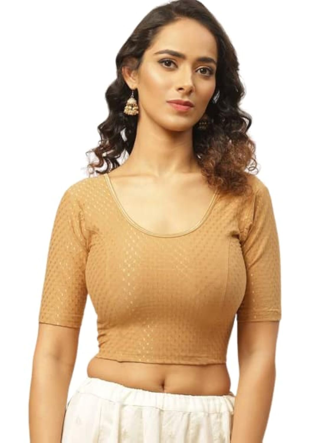 Fressia Fabrics Round Neck Pure Cotton Dobby Stretchable Elbow Sleeve Readymade Saree Blouse for Women Stylish