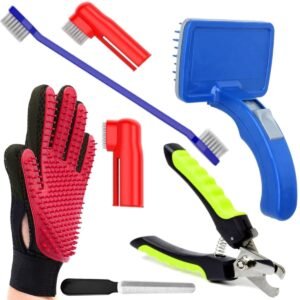 KittuPet Dog Grooming Kit – Dog Nail Clippers with Filer + Dog Toothbrush Kit + Dog Plastic Slicker Brush I with Press Key for Puppies and Dogs + Pet Grooming Glove for Dog I 4 In 1 Combo