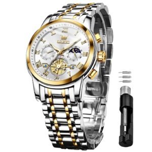 OLEVS Watches for Men Chronograph Business Wrist Watches Analog Quartz Moon Phase Stainless Steel Waterproof Luminous Dress Watches