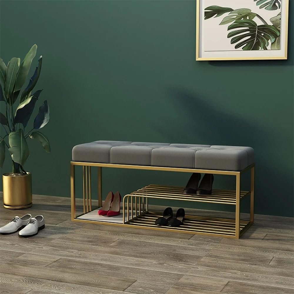 Dence Store Metal End of Bed Bench-Upholstered Entry Shoe Storage with Nailhead Trim,Black Mental Frame Ottoman Bench for Bedroom Entry Window Mudroom Living Room (Dark Grey)