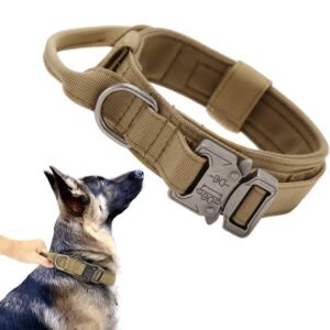 Qpets Dog Collar, Adjustable Nylon Tactical Dog Collar With Strap Handle, Dog Training Collar Quick Release Metal Buckle For Medium Dogs (43-52Cm, Khaki)