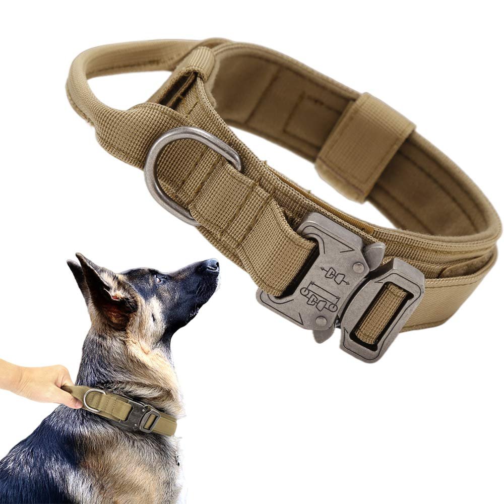 Qpets Dog Collar, Adjustable Nylon Tactical Dog Collar With Strap Handle, Dog Training Collar Quick Release Metal Buckle For Medium Dogs (43-52Cm, Khaki)