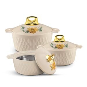 Asian Plastowares Diamond Casserole – Set of 3 | Hot Pot for Roti, Chapati & Meals, Biryani | Casserole for Kitchen & Gifting | BPA-Free, Food-Grade | 600+1000+1500 ML | Beige