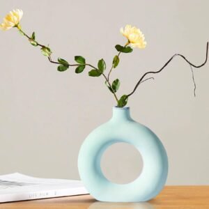 Amazon Basics Ceramic Donut Shaped Vase with Cratered Texture | for Home Decor (Light Green)