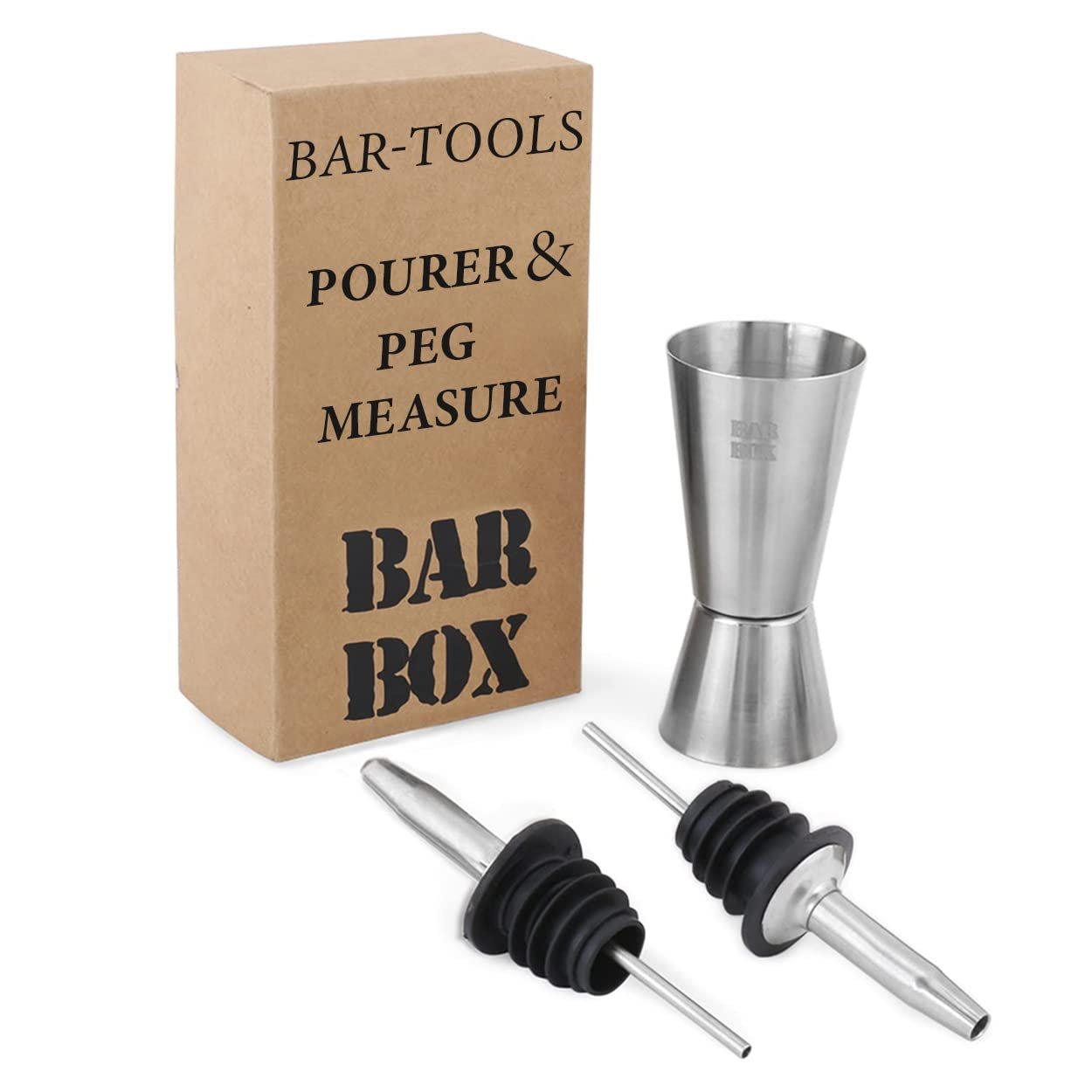 Bar Box Double Side Stainless Steel Jigger, Drink Measuring Bar Tool Jigger with Bottle Pourer: 3 Pcs Set
