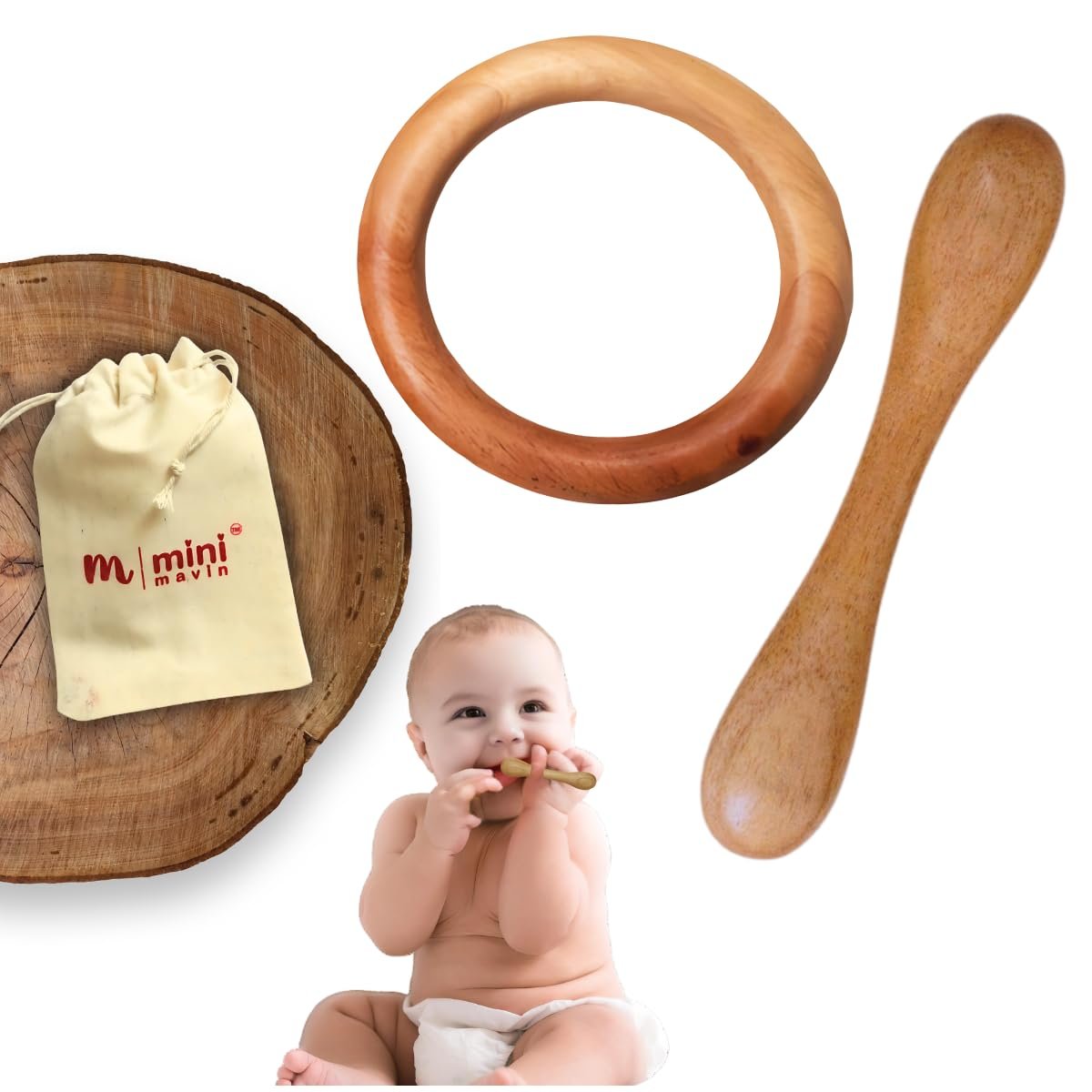 MINIMAVIN "Natural And Chemical-Free Neem Wood Teethers | Bpa Free Wooden Teether For 6 To 12 Months Baby | Antibacterial | 0-12 Months | Wooden Teether (Ring+Dumbell), Infant