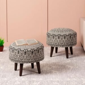 nestroots Ottoman Stool for Living Room Set of 2 | Pouffes for Sitting Printed Ottoman | Foot Rest Ottoman stools with 4 Wooden Legs (14 inch Height, Grey)