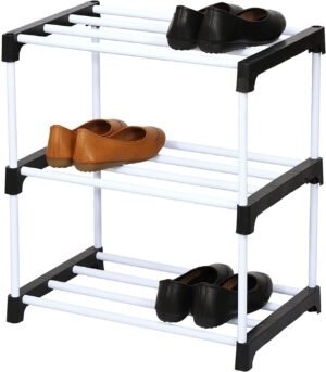 PulGos Multipurpose Portable Shoe Rack for Home Storage, Easy to Move & Assemble, Black PVC and Plastic Rack with 3 Shelves, Versatile and Durable Shoe Organizer for Any Room