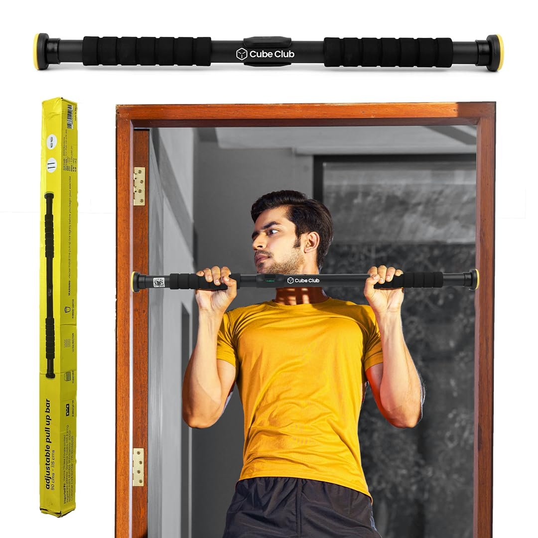 The Cube Club Premium Pull Up Bar Neo Big Home Workout Chin Up Bar Doorway with Bubble Meter | Extended Foam Grip (90cm-115cm) Hanging Rod for Height Increase (Load Capacity 200Kg, 1 Year Warranty)