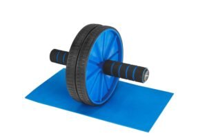 Amazon Brand – Symactive Home Gym Dual Anti-Skid Wheel Ab Roller/Blaster for Abdominal Core Exercise for Men & Women (6 MM Safe Knee Mat, Foam Handles, Blue, Max Wt: 100 Kg)