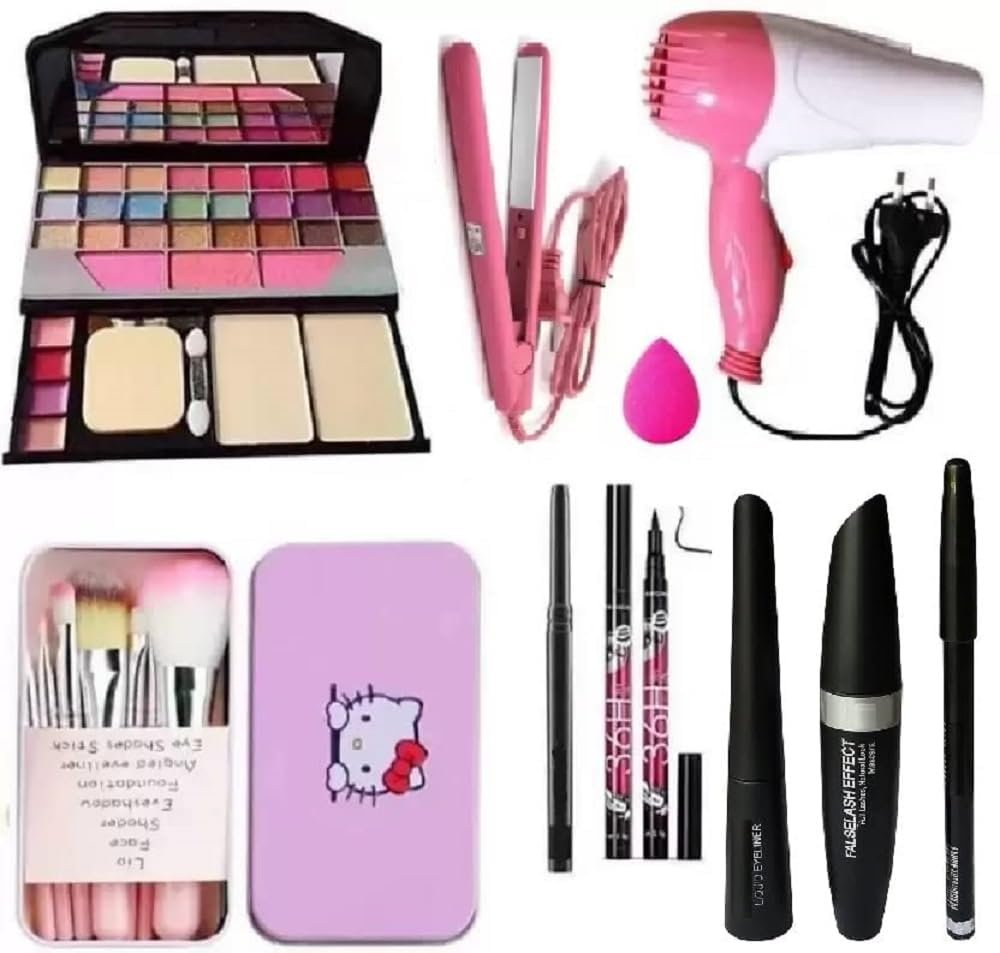 ZUKRAVE 6155 Makeup Kit with 7 Pink Makeup Brushes Set, 1 Hair Dryer, 1 Mini Hair Straightener, 3in1 Eye Combo, 36H Eyeliner, 1 Kajal and 1 Pink Beauty Blender - (Pack of 16)