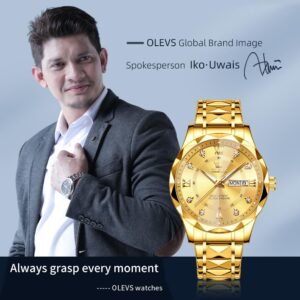 OLEVS Watches for Men Diamond Date Day Calendar Black Wrist Watches Quartz Analog Business Stainless Steel Two Tone Waterproof Luminous Men Watch