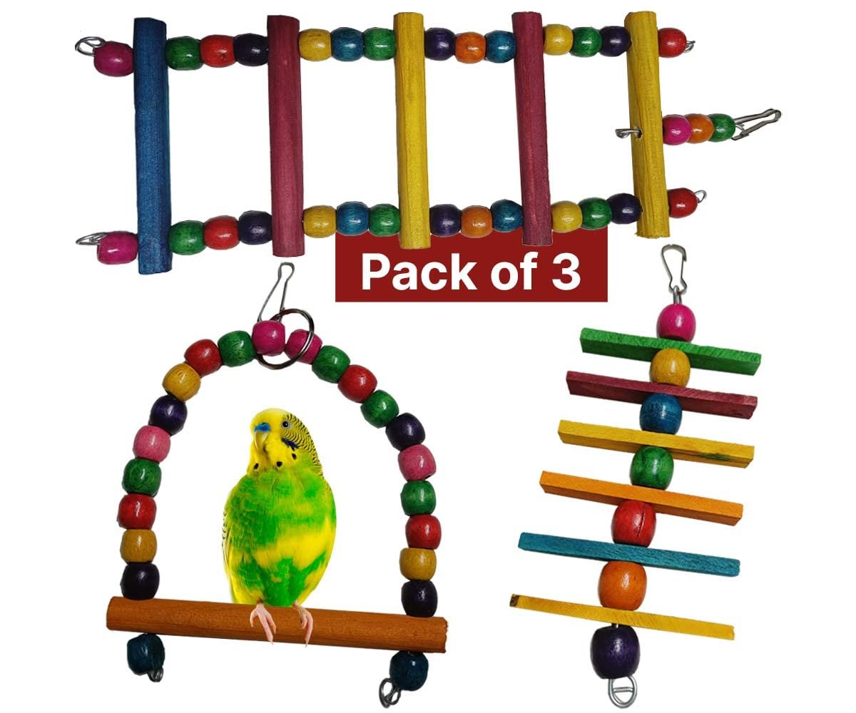 Boltz Bird Ladder and Hanging chewable Wooden Swing Bird Toys for Budgies,Cockatiel,Finches,Kannur Birds- Made with Bamboo- 3 Piece
