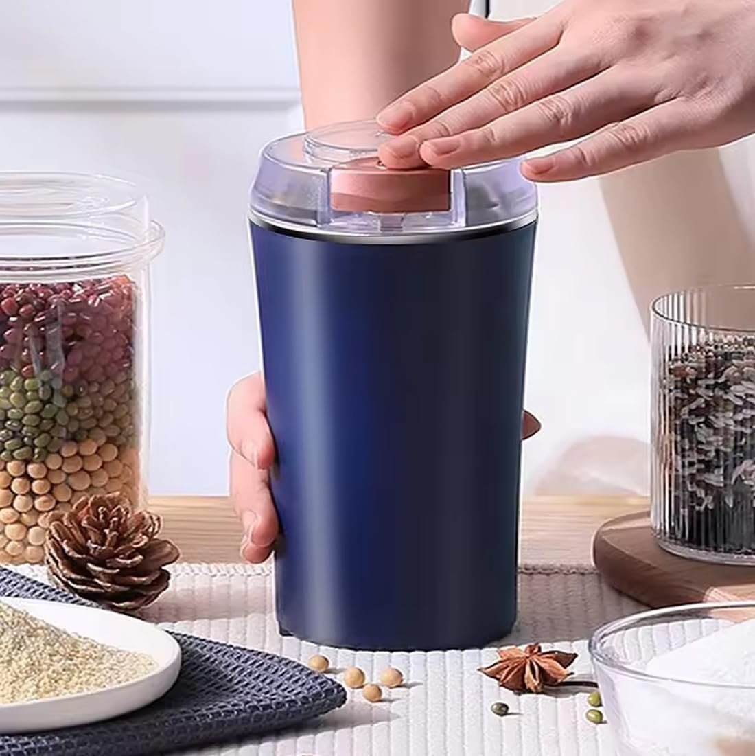 SUNVIBE Portable Electric Coffee Grinder | 300W Stainless Steel 4-Blade Mixer Grinder for Coffee, Spices, Herbs, Masala & Beans | Durable Push Button Control for Dry Ingredients | 304 Steel Design