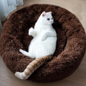 ZEXSAZONE Round Donut Pet Bed for, Cats and Puppies Dogs, Cozy and Plush, Raised Bedside Support, Both Sides Use Like 2 in One, Washable, Sizes for Small, Medium, and Large Pets. (cat Bed Brown)