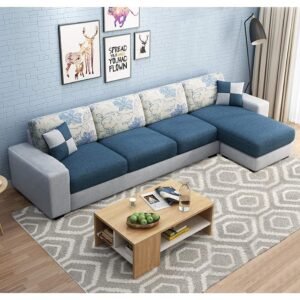 FURNY Orlandoy Fabric 5 Seater RHS Sectional L Shape Sofa Set in Living Room (Blue-Light Grey)