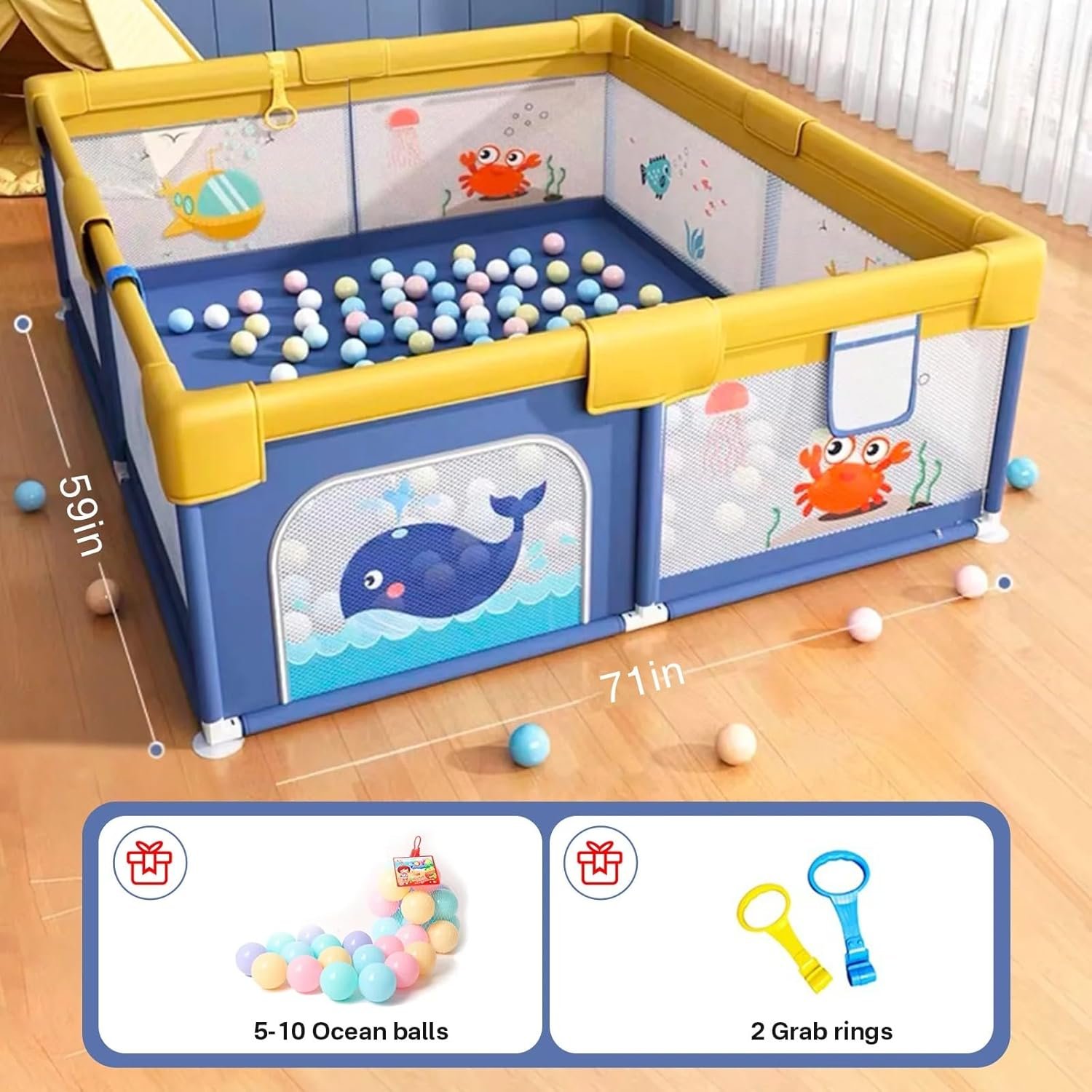 Dawnwake Large Playpen 150x180 cm for Baby up to 4 Years Playard with Pit Balls and Anti-Fall Grasp Rings, Kids Activity Center with Safety Lock & Small Storage Bag (No Mat, Non-Foldable) - Blue